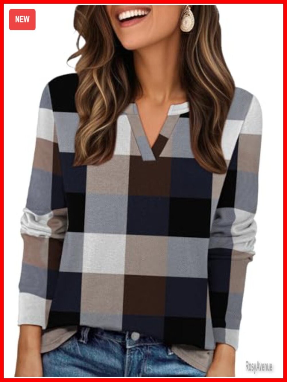 Women's Plaid Fleece Sweatshirt V-Neck Long Sleeve Pullover